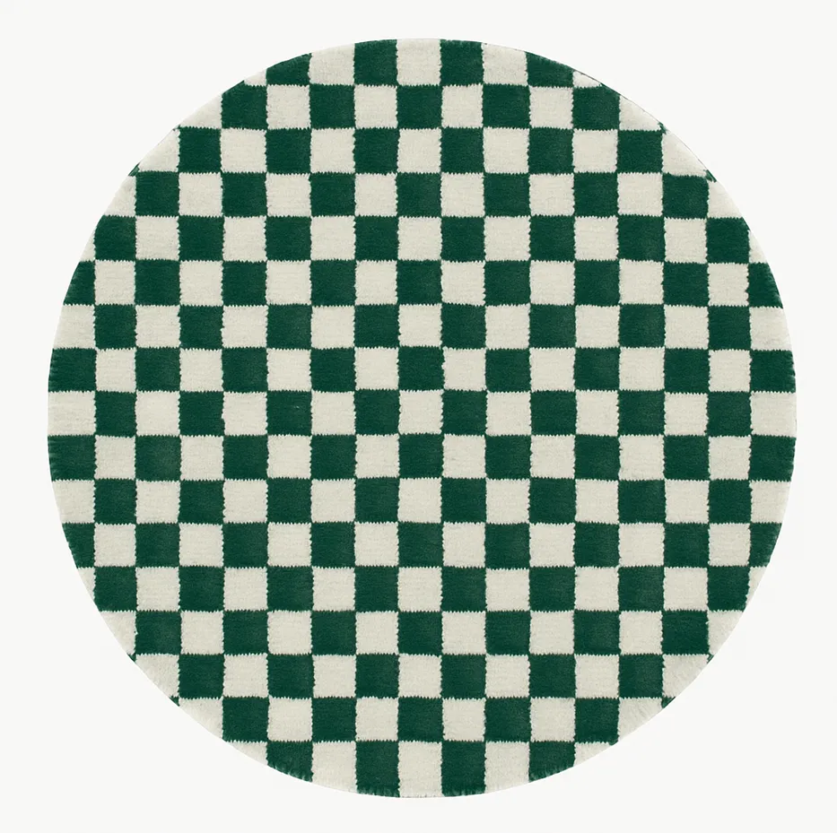 Tapis rond berbère Tinghir vert et blanc à damier — tapis berbères contemporains tissé à la main