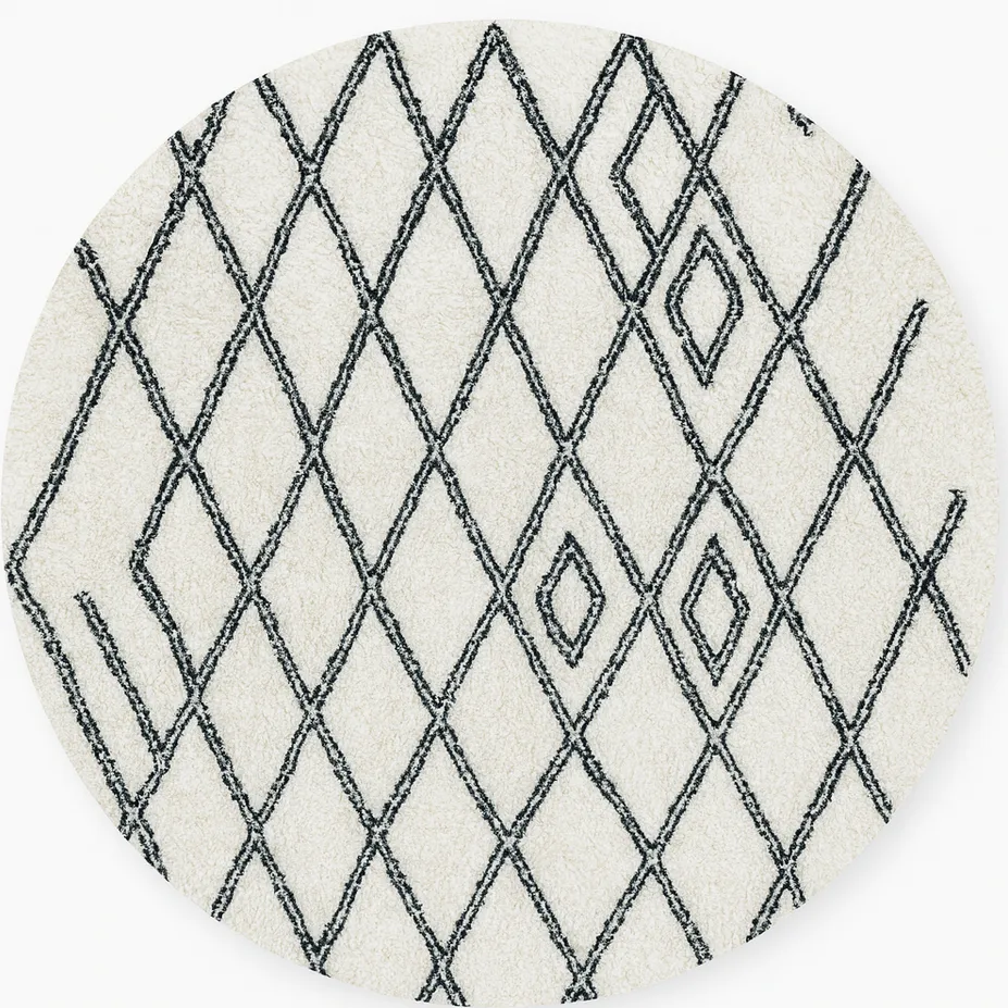 Tapis rond berbère Tislit blanc et noir à losanges — tapis berbères contemporains tissé à la main