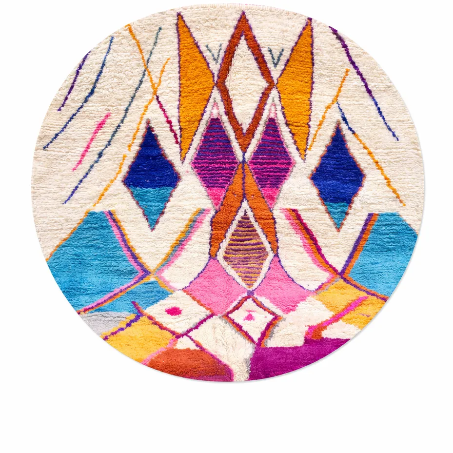 Tapis rond berbère Tiznit multicolore aux motifs géométriques — tapis berbères contemporains tissé à la main
