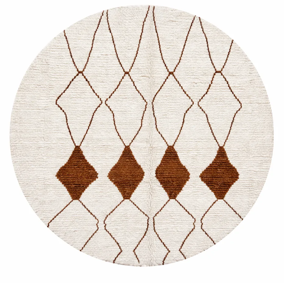 Tapis rond berbère Zegga blanc et marron à losanges — tapis berbères contemporains tissé à la main